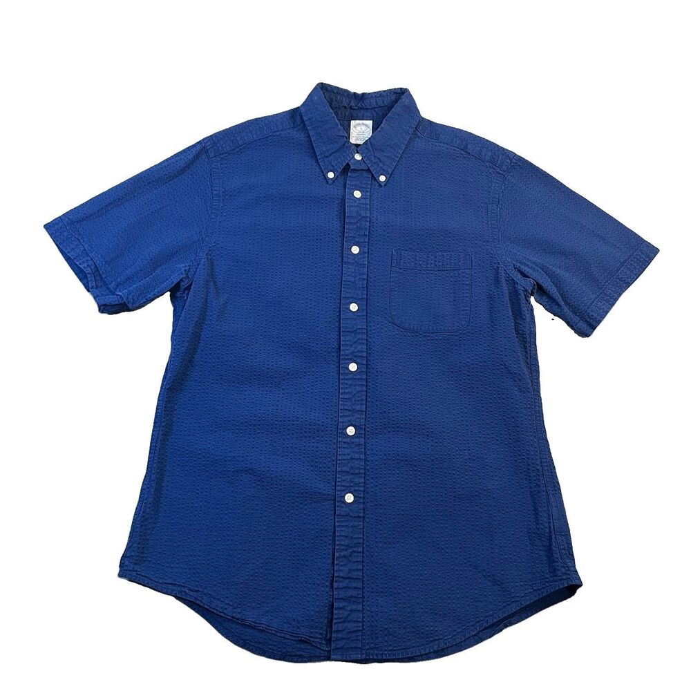 Brooks Brothers Shirt Mens L Blue Regent Button Short Sleeve Textured Stretch